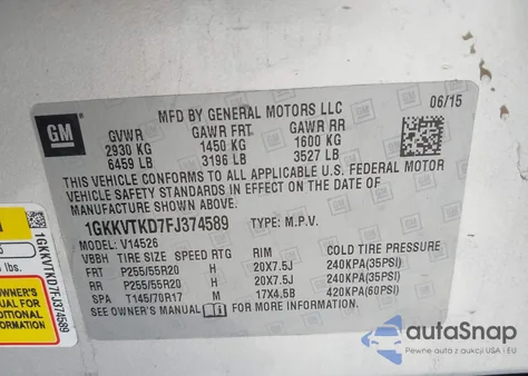2015 GMC Acadia Denali from USA, damaged, VIN 1GKKVTKD7FJ374589